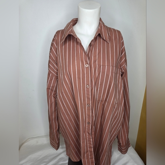 a new day Tops - A New Day Size XL Striped Oversized Shirt Brown W/babypink Stripes